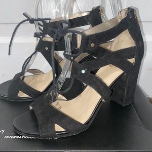 Black suede lace up chunky heels